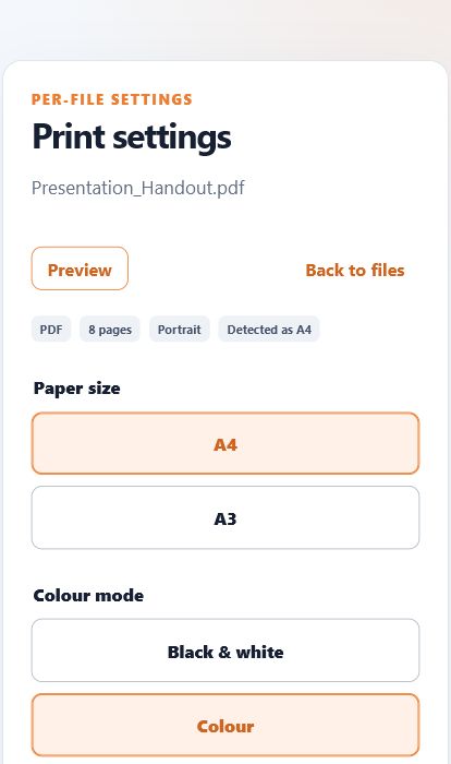 Actual Quiko screen showing paper, colour, and print-side settings